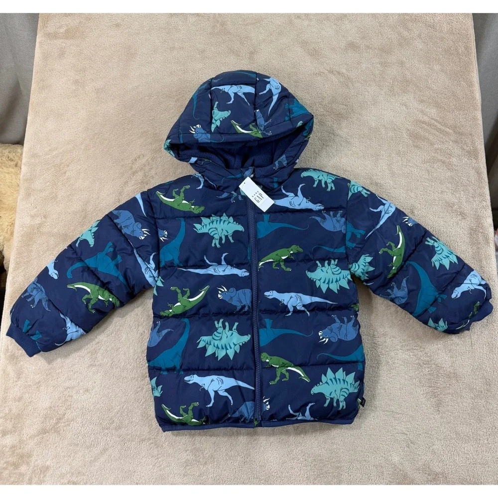 Baby Gap Cold Control Puffer Jacket Kids 5yrs Blue Dinosaur Print Hooded NEW $70